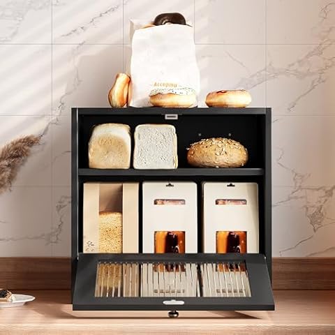 TQVAI Bread Box for Kitchen Countertop 3 Layer Large Corner Wooden Bread Storage Container Coffee Bar Station Tea Bag Organizer with Silverware Drawer Tray, Black Cover