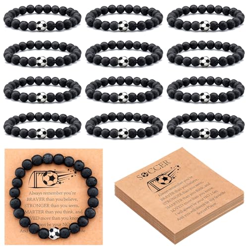 Ecation 12 Sets Sport Bracelets Lave Stone Beaded Elastic Stretch Bracelets with Inspirational Card Bulk Team for Football Volleyball Golf Baseball Basketball Soccer(Black Soccer)