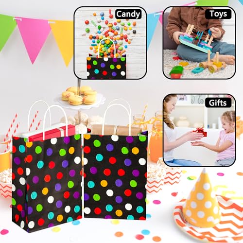 Image of BLEWINDZ 32Pcs Small Gift Bags with Tissue - Polka Dot Black Party Gift Bags with Handles, Colorful Rainbow Paper Goodie Bag for Party Favors, Kids Birthday