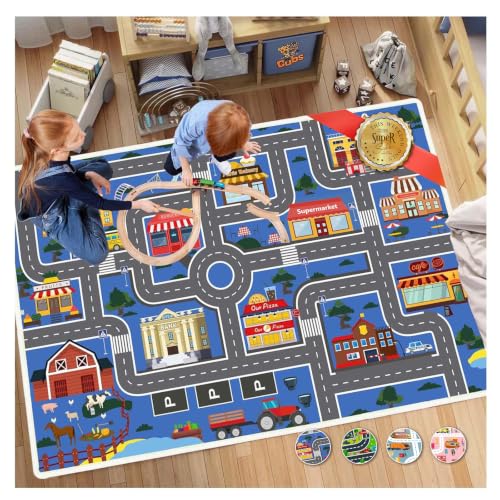 Xyrjova Kids Car Rug Play Mat, 31''x47'' Non-Slip Soft and Machine-Washable Playroom Rug Car Rugs for Kids Toy Cars Kid Classroom Road Rugs for Boys and Girls