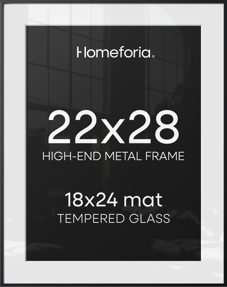Homeforia 22x28 Black Poster Frame, High-End Metal, 18x24 Mat, Glass