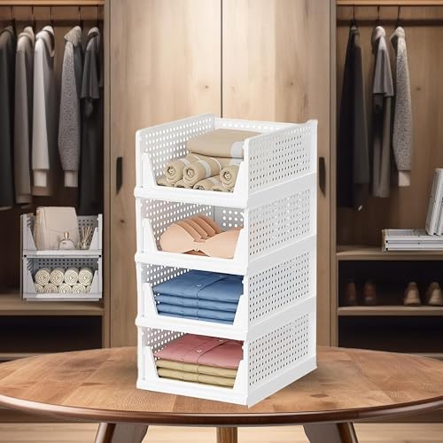 Image of Sulfar Foldable Cupboard Organizer For Clothes - Stackable Closet Organizer For Wardrobe - For Shirt | Pants | Jeans - Plastic Cupboard Dress Racks For Clothes Storage (White) Pack of 4