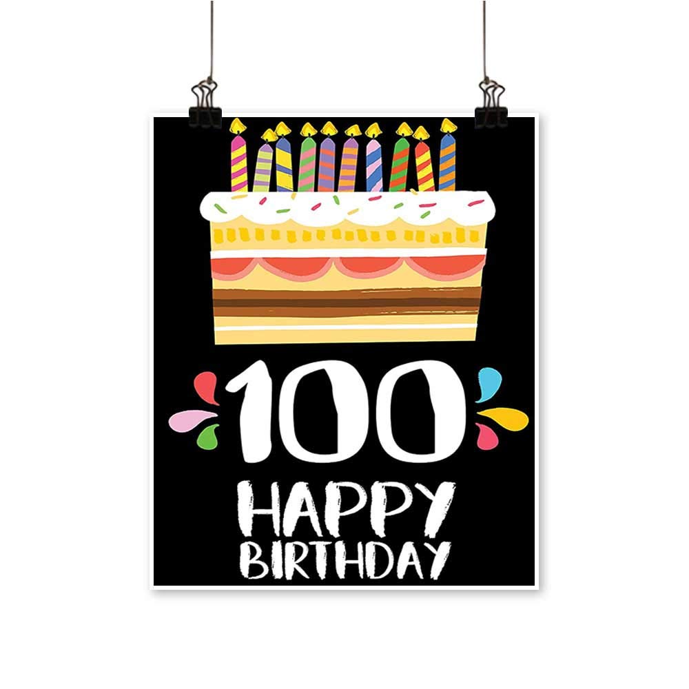 Single Painting Old Legacy 100 Birthday Party Cake Candles on Black Backdrop Office Decorations,24"W x 44"L/1pc(Frameless)