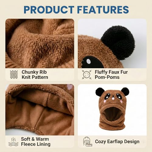 Image of Kraptick Winter Kids Monkey Cap - Cute Panda Plush Balaclava Hat with Neck Warmer Scarf Soft Woolen Fleece Lined Windproof Earflap Hood for Babies -3
