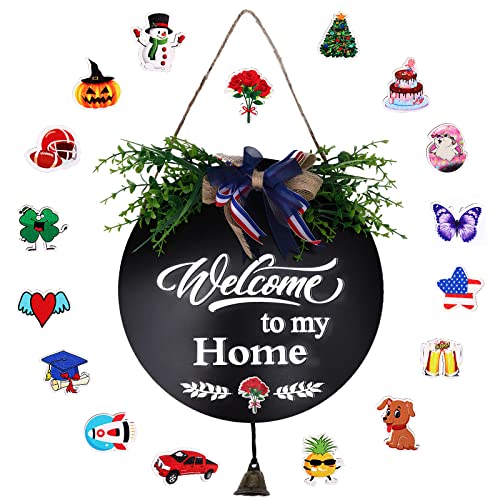Welcome Door Sign,Interchangeable Seasonal Welcome Sign Front Door, Round Welcome Sign With 17 Changeable Icons Hanging Welcome Sign for Home Farmhouse porch Front Door Decoration