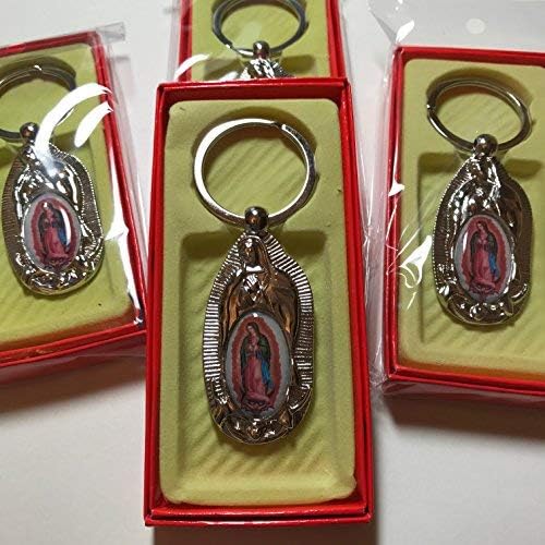 Alitaver Our Lady of Guadalupe, Baptism/First Communion Memory Gift Silver Key Chains 12 Party Pack. Recuerdos De Mi Bautizo/Primera Comunion Nuestra Virgen De Guadalupe Llaveros.