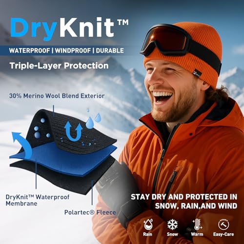 Image of Oversized L /XL /XXL DryKnit Waterproof Merino Wool Blend Beanie Fleece Lined Knit Hat for All-Weather Winter
