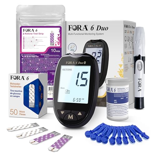FORA Duo 2-in-1 (Blutzucker, Keton) Bluetooth Blutzuckermessgerät mit 60 Blutzucker-Teststreifen und 10 Keton-Teststreifen