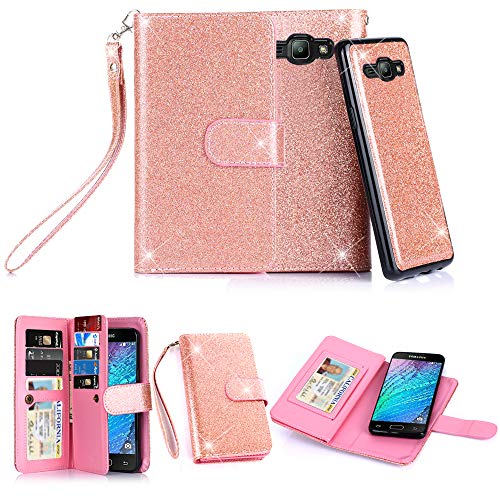 TabPow Galaxy J3 Case, 10 Card Slot - [ID Slot] Wallet Folio PU Leather Case Cover with Detachable Magnetic Hard Case for Samsung Galaxy J3 (2016)/ Express Prime/Amp Prime - Glitter Rose Gold