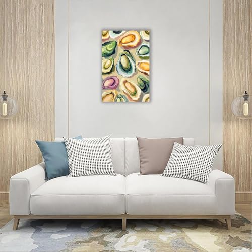 Image of Colorful Beachy Shell Canvas Wall Art Funny Coastal Oyster Shell Poster Abstract Summer Seaside Beach House Prints Painting For Home Living Room Kitchen Restaurant Wall Decor 24x36in Framed