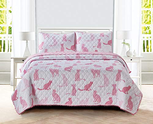 Sleeping Partners 3 Piece Pink Cats Quilt Set With Mini Pom Poms, Full/Queen, Pink #TOP1