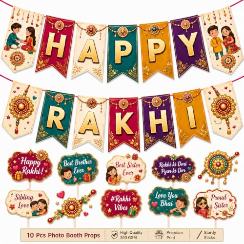 Image of Festiko Happy Rakhi Banner with 10 Pcs Photo Booth Props Combo, Raksha Bandhan Decoration Kit for Home, Family Celebration, Party Decor, Sibling Photoshoot Backdrop Supplies
