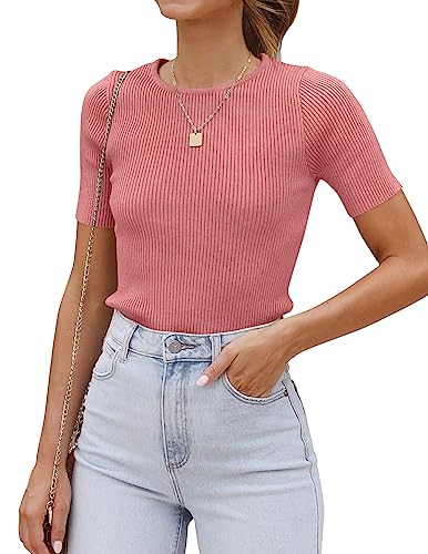 Image of ZESICA Women's Short Sleeve Sweater Tops 2026 Summer Crewneck Basic T Shirt