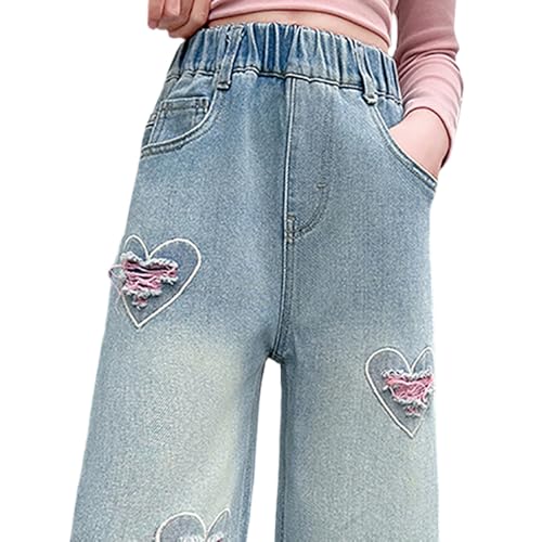 Girls Baggy Jeans, Ripped Heart Patch Denim Pants, Casual Loose Fit Wide - Leg Trousers for Kids3
