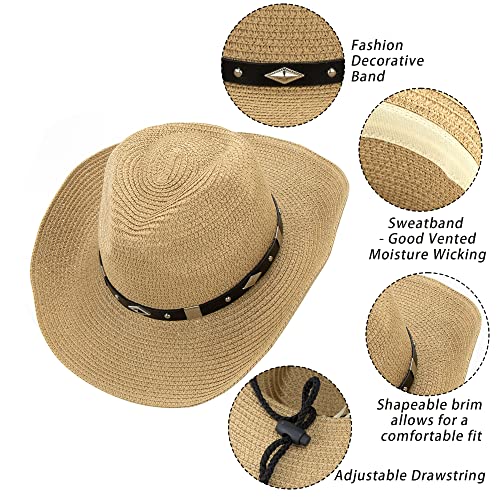 Straw Cowboy Hat for Women Men Western Sun Hat Wide Brim Summer Belt Cowgirl Hats(M-L) - Thumbnail 4
