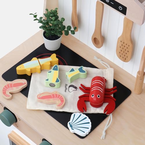 PairPear Wooden Play Food Cutting Seafood Set - Toddlers Wooden Toy Food Pretend Play Kitchen Accessories for 3 Years Old Boys Girls Early Education Toys Gift