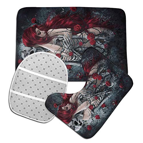 LAOLUCKY Totenkopf-Skelett Hug Lovers Eterna Love WC Set 3-teilig Badezimmer Set Matte Rutschfest U-förmiger… – Bild 4