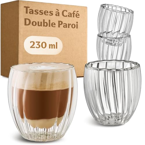 Cosumy Tasse à Cappuccino Double Paroi 230ml - Set de 4 Tasses - Design élégant à cannelures avec effet de flottement - Résistant au lave-vaisselle