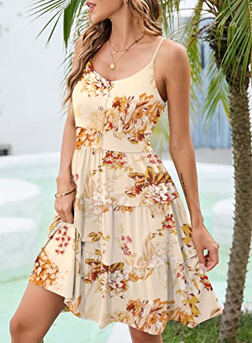 Image of YATHON Sundresses for Women Casual Summer Beach Sleeveless Spaghetti Strap Dress Button Down Ruffle Flowy Pleated Dresses