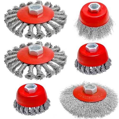Image of 6 Pack Wire Wheel Cup Brush, 3 inch /4 inch Coarse Crimped Wire+Knotted Wire Cup Brush, 5 /8 Inch-11 Threaded Arbor, for 4 1 /2 Heavy-Duty Rust, Heavy Cleaning Rust Stripping Abrasive