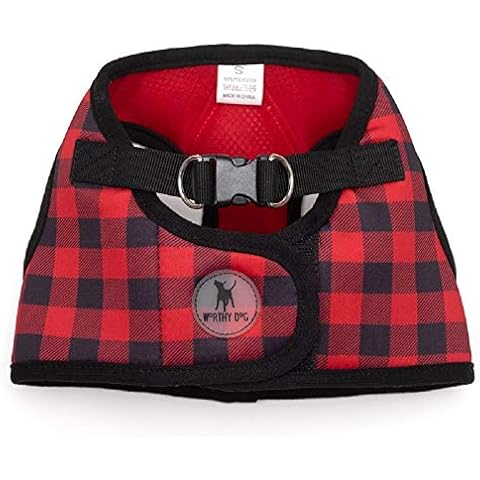 The Worthy Dog Printed Harness Buffalo Plaid Red and Black Plaid Pattern Harness with Padded Mesh Velcro Adjustable, Outdoor, Easy Walk Vest for Small Medium Large Dogs, Red/Black Color Cover