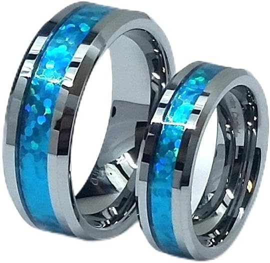 Wedding Rings for Him and Her - 8MM/6MM Beveled Edge Hawaiian Blue Inlay Tungsten Carbide - Couple Rings Set - Wedding Bands for Couples - Wedding Band Sets for Couples