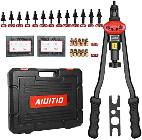 AIUITIO 16" Rivet Nut Tool, Rivnut Tool Kit with 13 Metric and SAE Mandrels, Nutsert Rivet Tool Set with 200Pcs Rivnuts, Threaded Insert Hand Riveter with Rugged Carrying Case