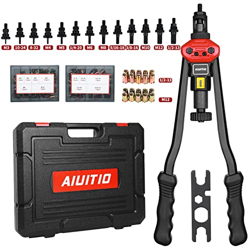 AIUITIO 16' Rivet Nut Tool, Rivnut Tool Kit with 13 Metric and SAE Mandrels, Nutsert Rivet Tool Set with 200Pcs Rivnuts, Threaded Insert Hand Riveter with Rugged Carrying Case