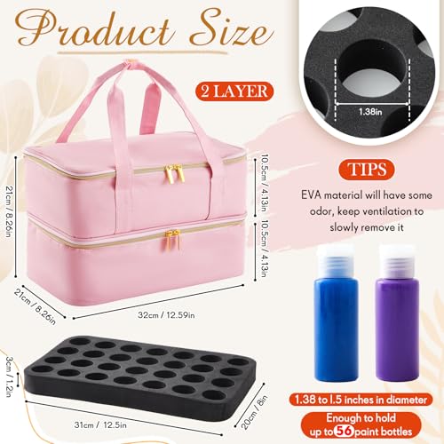 Image of Abbylike Acrylic Paint Organizer Case for up to 56 Bottles (2 Oz) Double Layer Art Supply Storage Bag Alcohol Ink Storage Paint Carry Case with Foam Insert and Inner Pocket(Pink)