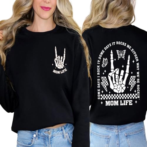 YHHR Mama Sweatshirts Mom Life Crewneck Sweatshirts Women Oversized Sweatshirt Halloween Skeleton Rocker Graphic Pullover Top, Black, Medium