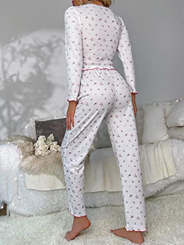 Soly Hux Women's Floral Print Sleepwear Long Sleeve Lettuce Trim Tops And Pants Lounge Pajama Set White M #TOP1