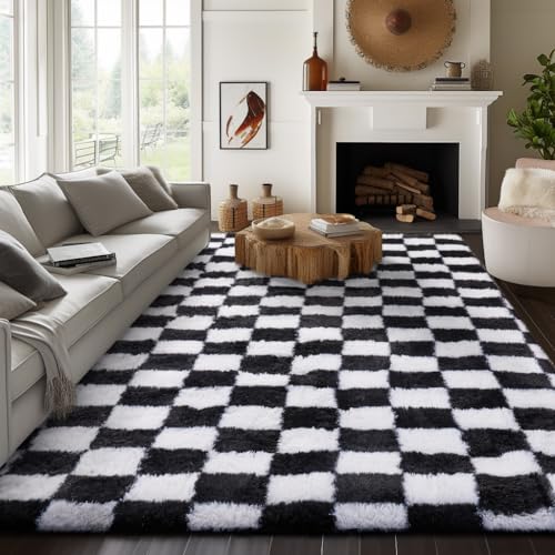 Ophanie Checkered Black & White Rug for Living Room Bedroom, Fluffy Soft Cute Fuzzy Area Rugs, Shag Plush Shaggy Bedside Floor 8x10 Furry Carpet for Kids Baby Teen Dorm Nursery Home Decor Aesthetic - Thumbnail 3