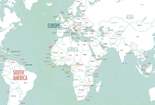 World Map Wall Art Poster (24" X 18") - Unframed Aqua And White Color World Map Wall Decor - Full Map Of Countries Of The World Art - Beautiful Map Of The World Gift #TOP4