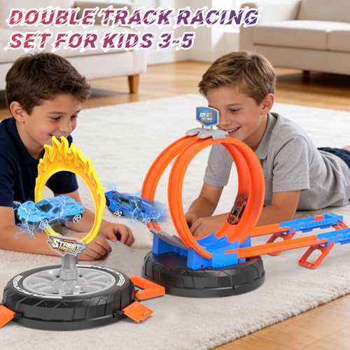 Image of Toy Car Race Track Set for Kids Ages 4-8, Stunt Tire-Shaped Case Transforms into Race Course, 6 Cars in 1:64 Scale, 2 Ways to Play, Action Loop Cyclone Challenge & Speed Snap Track