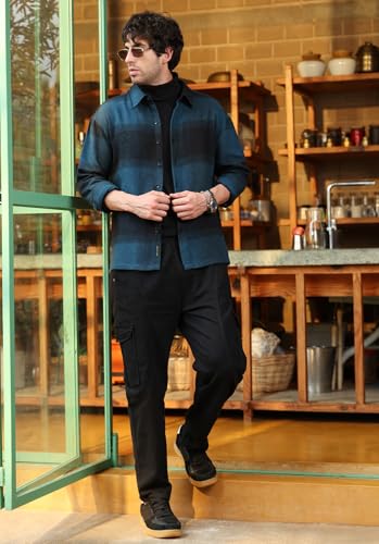 Image of CAHOOT Men's Vignette Checkered Oversized Shirt | Spread Collar, Long Single Button Cuff Sleeves | Button, Straight Hem | Woven Fabric for Casual Navy Blue:Midnight Black