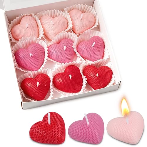 9 Pack Love Heart Shaped Scented Candles 3 Colors Mini Soy Wax Flower Fruit Aroma Decorative Candles Romantic 3D Heart Design for Bedroom Parties Table Dcor Valentines Day Wedding Romantic