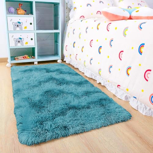BedLooms Rugs Living Room 60x110 cm – Tie-Dye Teal Area Rugs for Bedroom Anti Slip – Modern Super Soft Plush Carpets Fluffy Shaggy Rug for Lounge, Dining Room – Non Shedding Bedside Rug for Kids Room