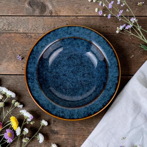 Image of Premium Pasta Plate, Ceramic Plate for Pasta, Small, Round & Deep Dish, Microwave & Dishwasher Safe, Handmade Stoneware, Elegant Tableware for Every Occasion, Rustic Blue, 7 Inch