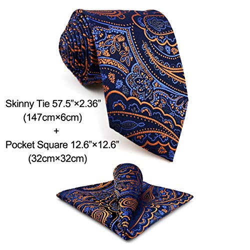 S&W SHLAX&WING Conjunto de gravata skinny Hanky ​​Gravata de seda laranja marinho com bolso quadrado