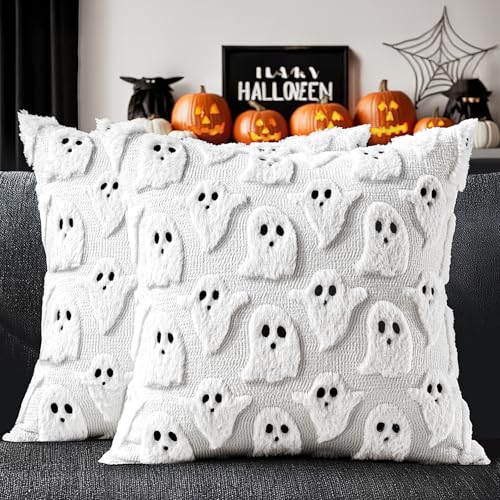 MIULEE Halloween Pillow Covers Cute Ghost Spooky Fall Throw Pillows Set of 2 Soft Plush Faux Fur Decorative Cushion Covers for Couch Sofa Bed Porch Living Room Halloween Decor 18x18 inch White