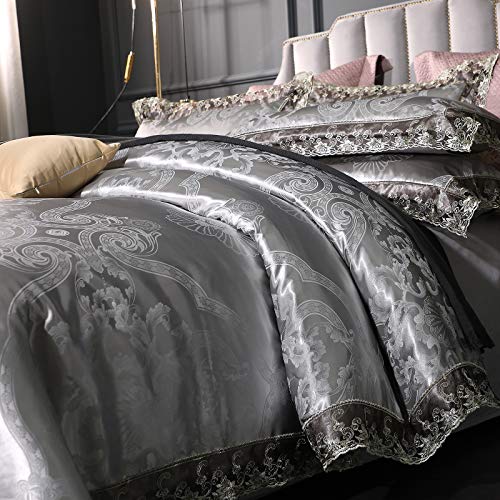 Beyeutao Jacquard Duvet Cover Queen Size Duvet Cover Elegant Gray Bedding Set Lace Satin Duvet Set 3 Piece Duvet Cover Pillowcases.(Gray, Queen) #TOP4