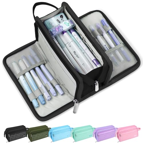 Image of Sooez Large Pencil Case, Big Capacity Pencil Pouch Pen Bag with 3 Compartment, Portable Canvas Stationery Organizer with Zipper, Cute Aesthetic School Supplies for Teen Girls College, Black with Plaid