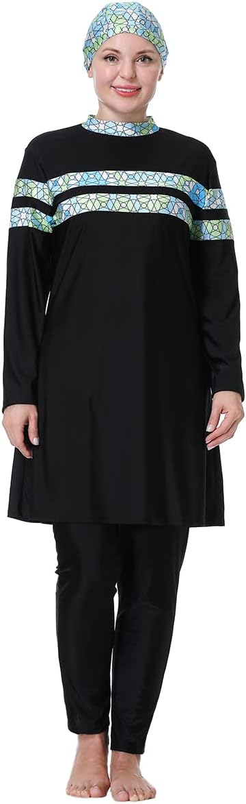 FYMNSI Women Modest Muslim Swimsuits Plus Size Full Body Islamic Burkini Hijab 3 Piece Long Sleeve Rash Guard Skirt Swimwear