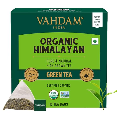 VAHDAM, Organic Green Tea From Himalayas (15 Green Tea Bags) Non GMO, Naturally High Grown | Individually Wrapped Pyramid Tea Bags | Direct from Source