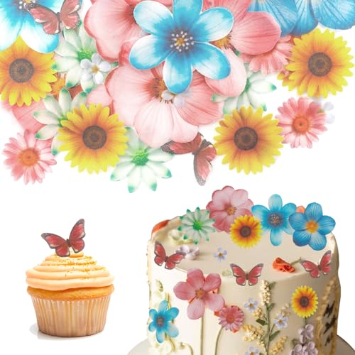 55Pcs Edible Flowers Cupcake Toppers, Wafer Paper Cupcake Decorations for