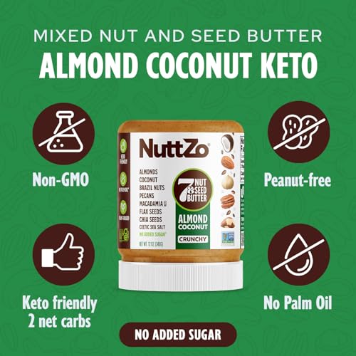 NuttZo Keto Almond Coconut - 7 Nut and Seed Butter, Coconut, Brazil Nuts, Almonds, Pecans and More, Keto Friendly, No Added Sugar or Oil, Non-GMO, Gluten Free, 2g Net Carbs, Crunchy Texture, 12 oz Jar