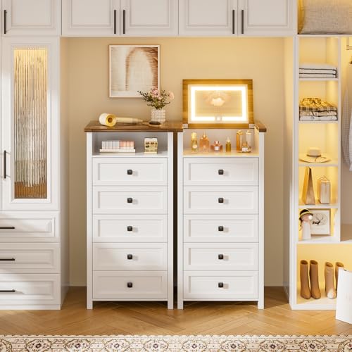 Dresser with Mirror for Kids Bedroom, 47"- 63" Tall Dresser with 5 Drawer, LED Makeup Mirror, Chest of Drawers, Farmhouse Makeup Vanity with Storage, White & Brown