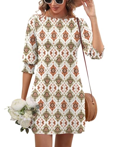 LUYAA 3/4 Sleeve Dress for Women with Pockets Bohemian Floral Spring Dresses Round Neck Knee Length Dresses for Women T Shirt Women Country Dress L