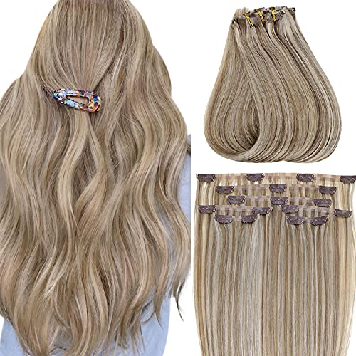 RUNATURE 7pcs Seamless Clip in Hair Extensions Human Hair Light Brown with Lighest Blonde Highlights Hair Extensions Invisible Ultra Thin PU Weft Clip in Human Hair 14 Inch 70g