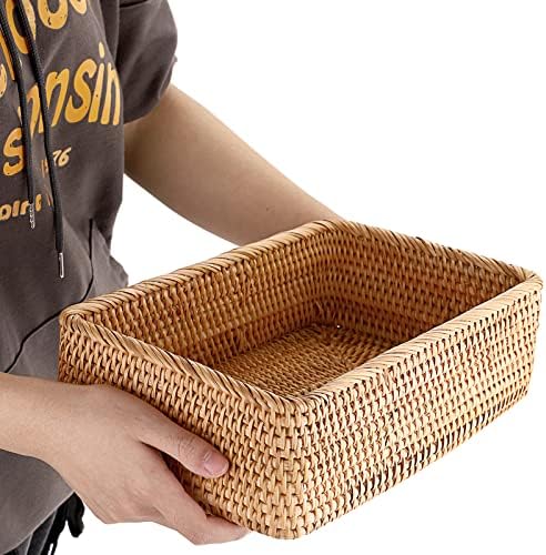 IGNPION Rectangle Rattan Woven Fruit Basket Wicker Food Tray Storage Holder Home Bathroom Kitchen Storage Basket